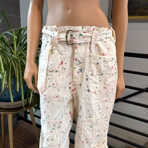 Free People Belted Painter Pants Ecru Utility Paint Splatter Slouchy Cargo SZ 6 - Picture 3 of 14